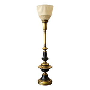 1960s Sculptural Brass & Black Enamel Torch Table Lamp With Frosted Glass Shade