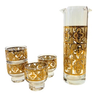 Mid Century Culver Pitcher and 4 Cordial Glasses For Sale