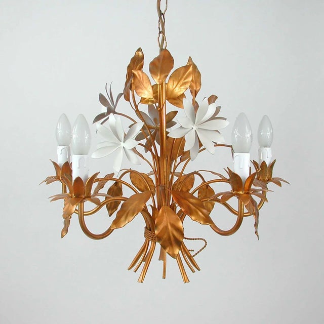 Mid-Century 5-Light Gilt Leaf & White Blossom Chandelier by Hans Kögl, 1970s For Sale - Image 4 of 18