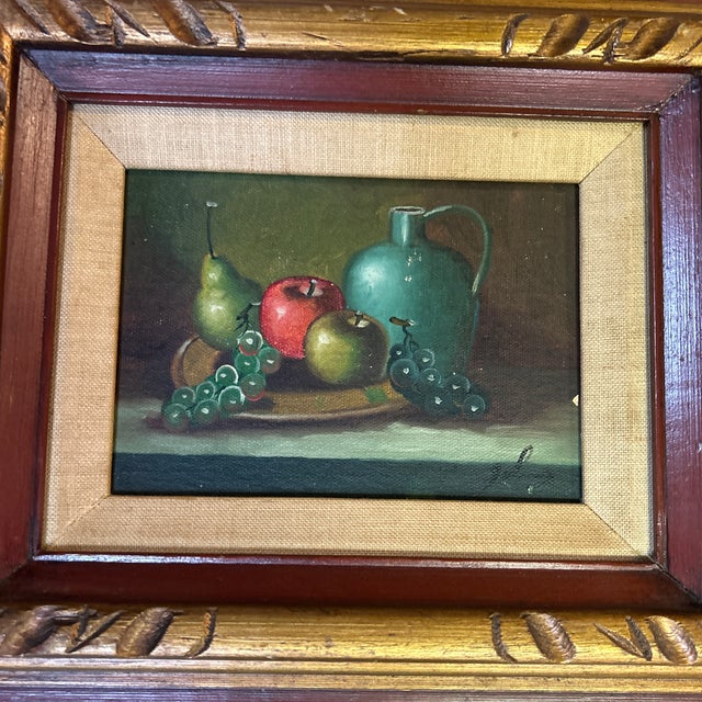 1970’s mid century fruit and jug still life painting. Signed and framed. Measures 7x5 or 15x13 framed. Check out my shop...