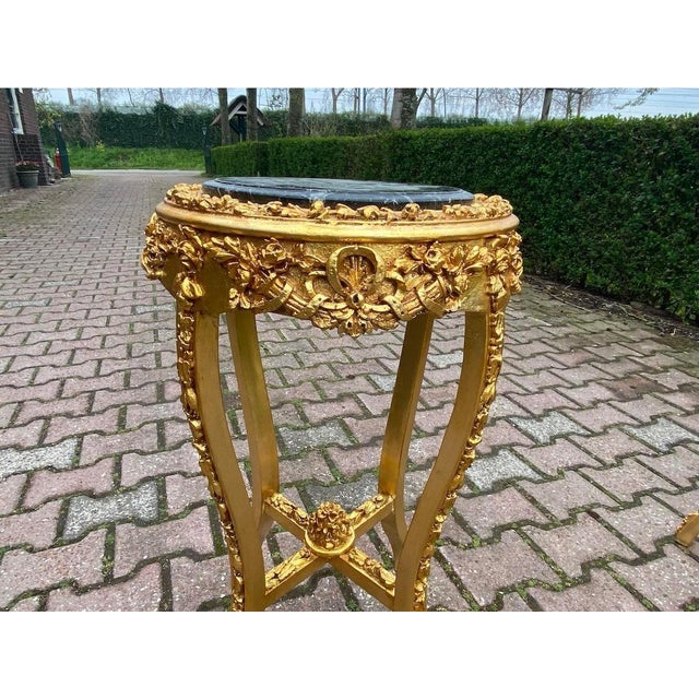 1980 French Louis XVI Gold Beech Black Marble Side Tables-Pair For Sale - Image 12 of 18