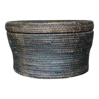 Vintage Boho Woven Rattan Lidded Basket For Sale