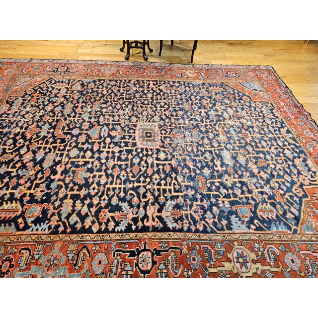 Navy Blue 19th Century Persian Heriz Serapi Rug, Hand-Knotted Wool, Allover Geometric Pattern, Blue & Red, 8x11 For Sale - Image 8 of 18