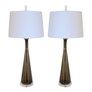 Smoke Mocha Vintage Murano Glass Lamps - Pair For Sale