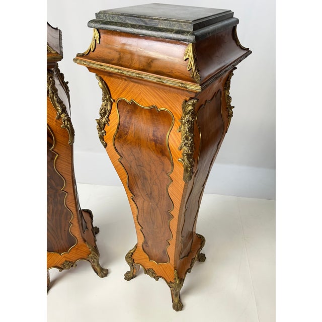 Rococo Pair of Mid-20th Century French Rococo Style Marquetry & Ormolu Pedestals With Green Marble Tops For Sale - Image 3 of 16