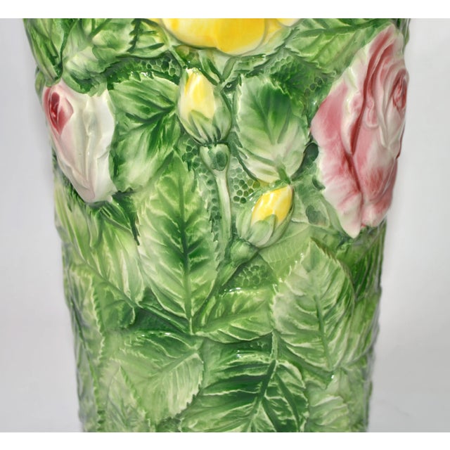 Green Pair, Italian 3d Majolica Floral Vases Roses Green Pink Yellow Hand-Painted For Sale - Image 8 of 13