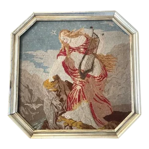 Antique Needlework Angel Tapesty, Framed Needlepoint, Petit-Point, With Glass Beads