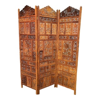 1960's Moroccan Style Pierced Wood 3-Panel Floor Screen For Sale