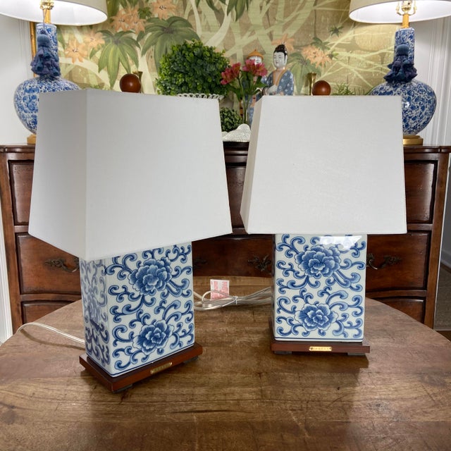 2010s Petite Ralph Lauren Blue and White Chinoiserie Square Lamps, a Pair For Sale - Image 5 of 7