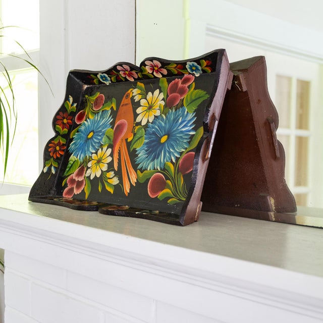 Mexican 1930s Hand Painted Mexican Folk Art Tray With Polychrome Flowers and Bird For Sale - Image 3 of 16