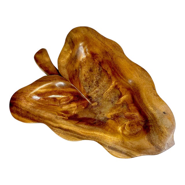 Mid-Century Coastal Boho Chic Large Hawaiian Wood Leaf Platter Bowl Catchall For Sale
