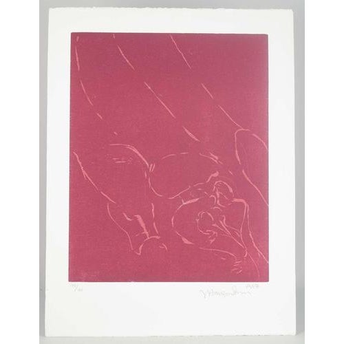 Jørgen Haugen Sørensen (1934–2021) Woodcut. 1987. Abstract composition in red tones, where delicate contours suggest human...
