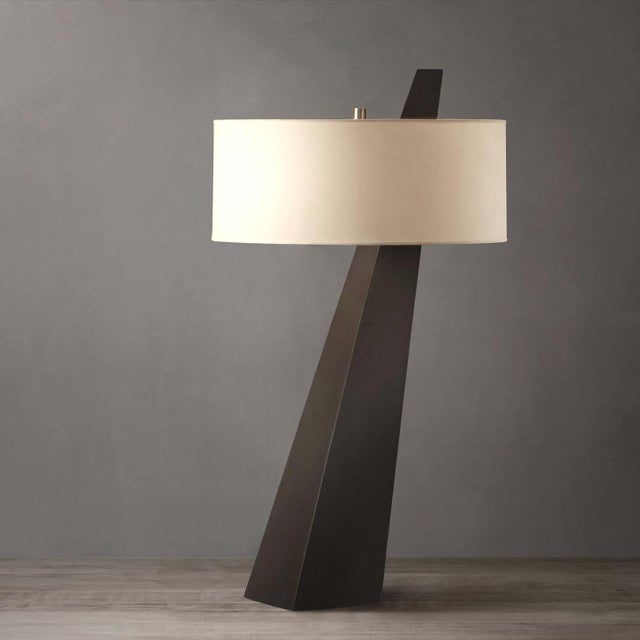 Contemporary Obelisk Table Lamp - Dark Walnut Wood, White Cotton-Linen Shade For Sale - Image 3 of 9