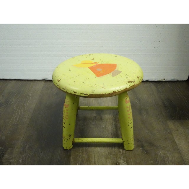 French Country Vintage French Country Lime Green Rustic Footstool Stool W a Child Pictured For Sale - Image 3 of 16
