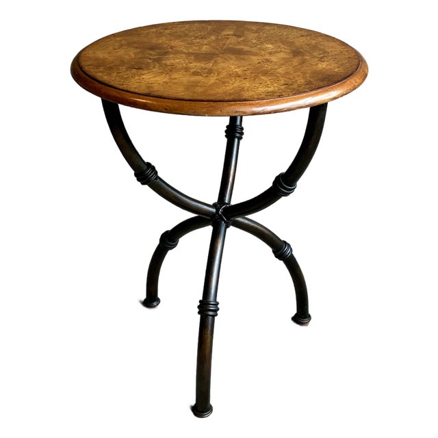 Late 20th Century Baker Furniture Milling Road Round Burl Wood Tripod Side Table For Sale