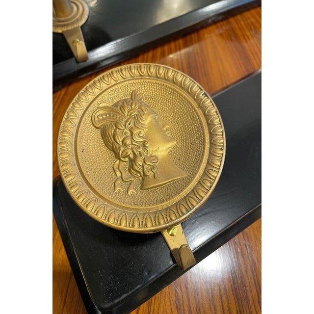 Ebonized Wood Coat Rack with Brass Medallions, 1950s For Sale - Image 4 of 13