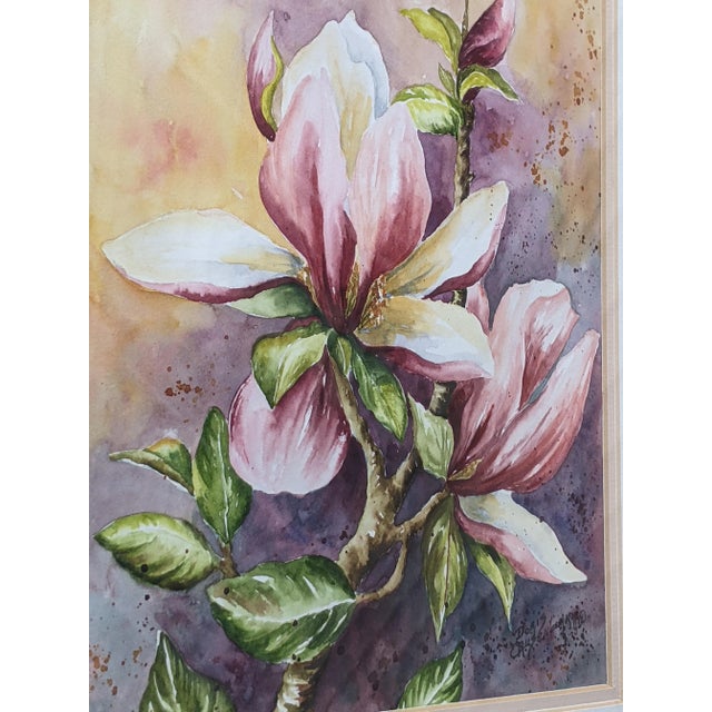Late 20th Century Vintage Original Budding Pink Lily Flower Still Life Watercolor Painting For Sale - Image 5 of 8