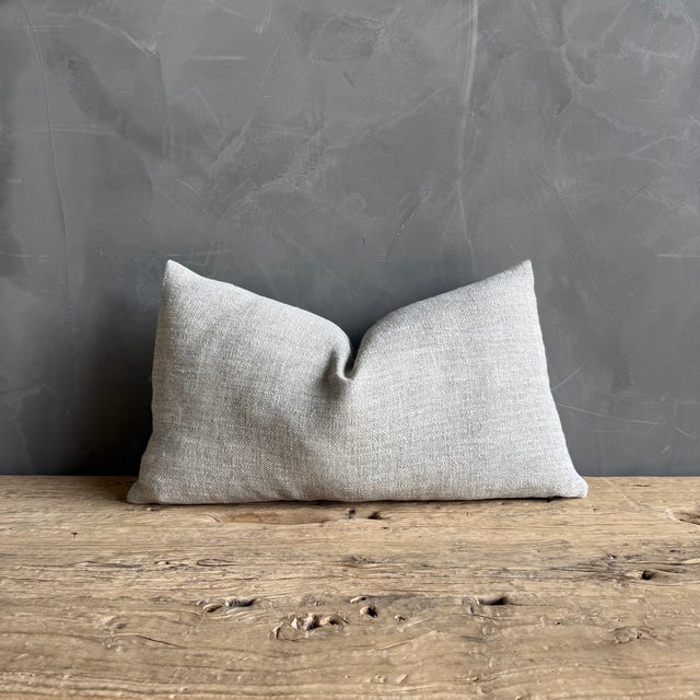 12x20 Color: Off White / Light Gray Blue Undertone Belgian Otis linen pillow in Greige— a refined, soft-white accent...