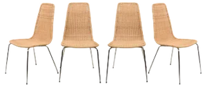 Mid-Century Italian Chromed Metal Chairs with Removable Rattan and Wicker, 1970s, Set of 4