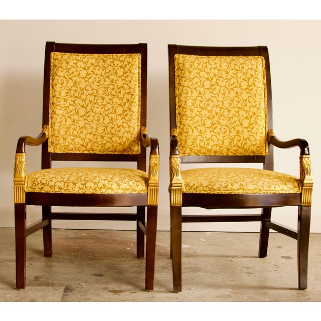 2000 - 2009 Empire Style Hand-Carved Armchairs With Contrasting Fabrics, Gold Accents, Made in Usa by Shelby Williams For Sale - Image 5 of 8
