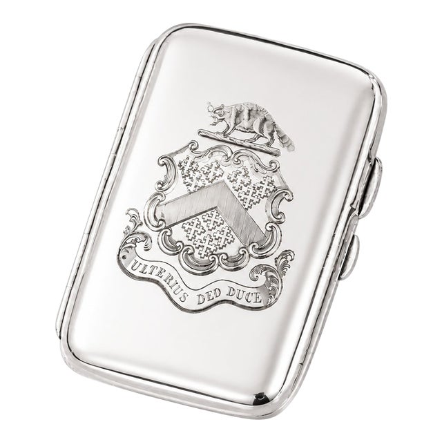 Superb Antique Sterling Silver Cigarette Case Holder Armorial Heraldic Tobacciana For Sale