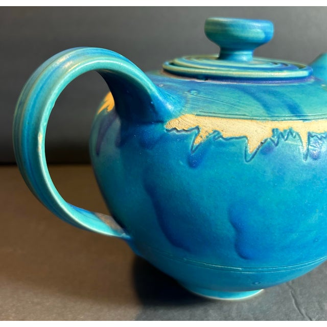 1980s Blue Drip Glazed Stoneware Studio Pottery Teapot For Sale - Image 4 of 9