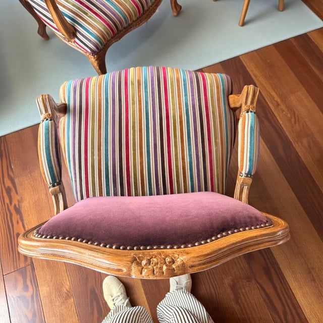 1990s Custom Vintage Jewel Stripe Abergine French Imprt Velvet Silk Fabric Accent Chair For Sale - Image 5 of 11