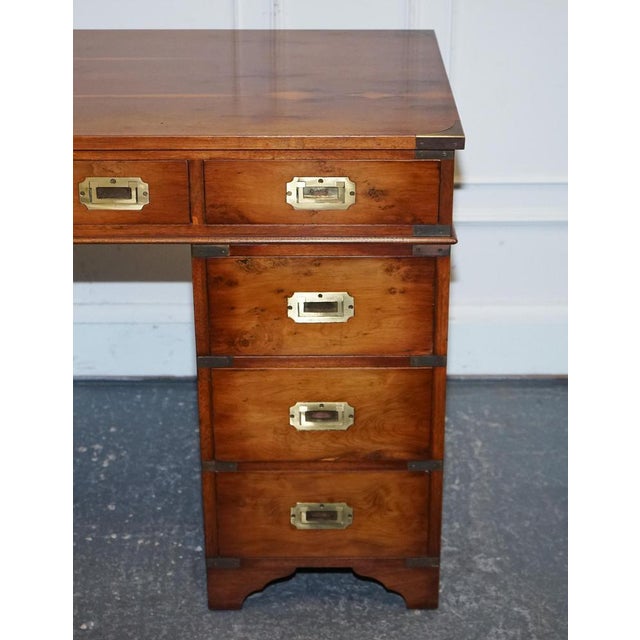 Vintage Military Campaign Twin Pedestal Desk in Yew Wood For Sale - Image 4 of 18