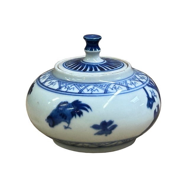Traditional Tiny Small Blue White Oriental Graphic Porcelain Jar For Sale - Image 3 of 8