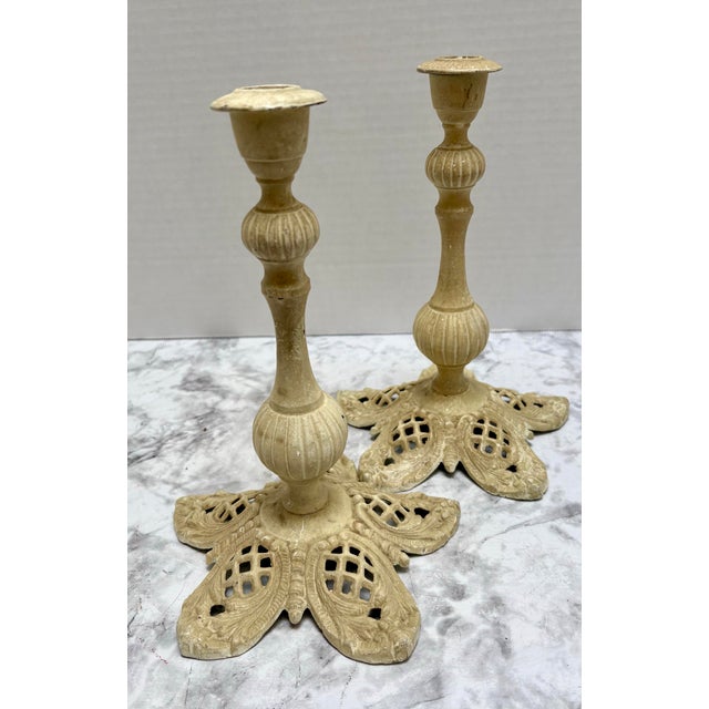 Farmhouse Vintage Creamy Toned Iron Candleholders - A Pair For Sale - Image 3 of 7