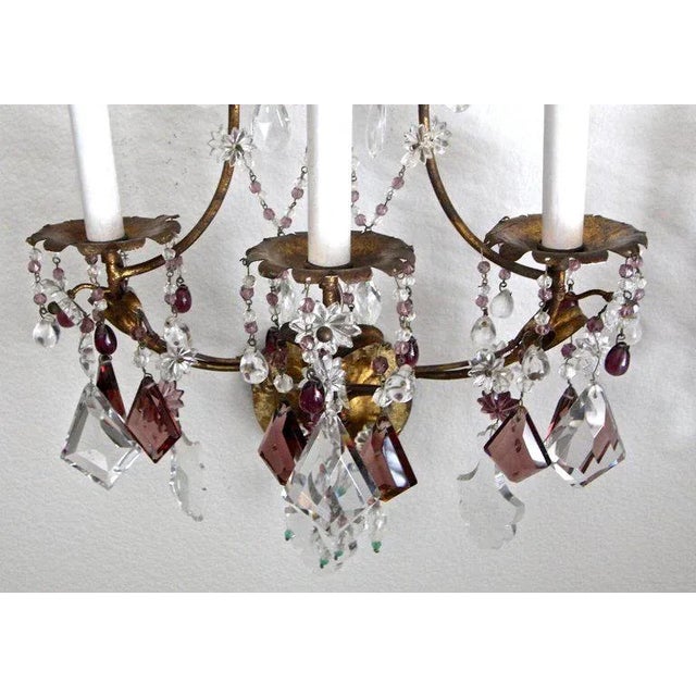 White 1940s Italian Gilt Metal Crystal Beaded Amethyst Wall Sconces - a Pair For Sale - Image 8 of 13
