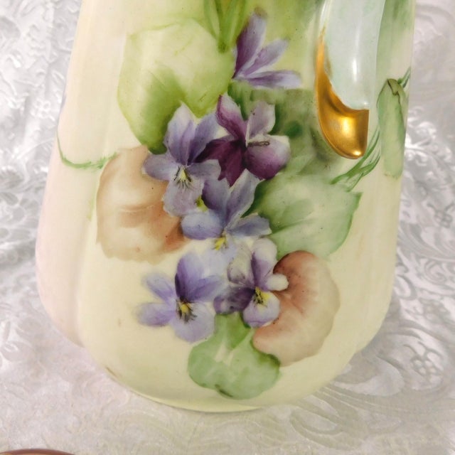 1940s Contemporary Unmarked Tall Slender Green Chocolate Pot With Purple Flowers For Sale In San Francisco - Image 6 of 10