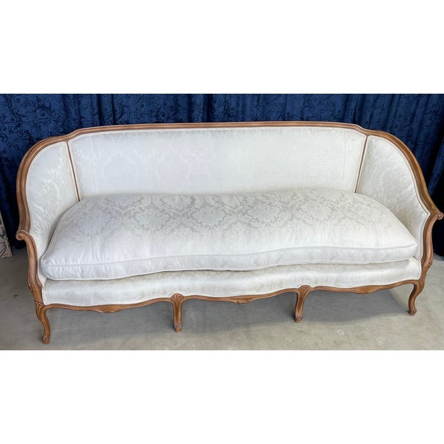 1960s Louie XIV Style French Sofa With Creme Colored Damask Fabric and Down Seat. For Sale - Image 12 of 12
