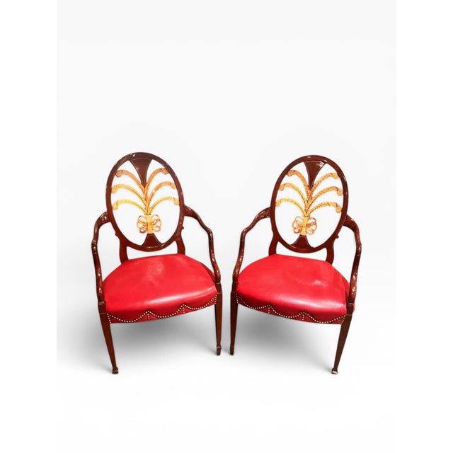 Karges Furniture Red Leather Hepplewhite Plume Dining Chairs- Set of 4 For Sale - Image 9 of 14