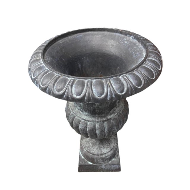 Metal Classic Neoclassical Cast Iron Garden Urn With Distressed Bronze Finish For Sale - Image 7 of 12