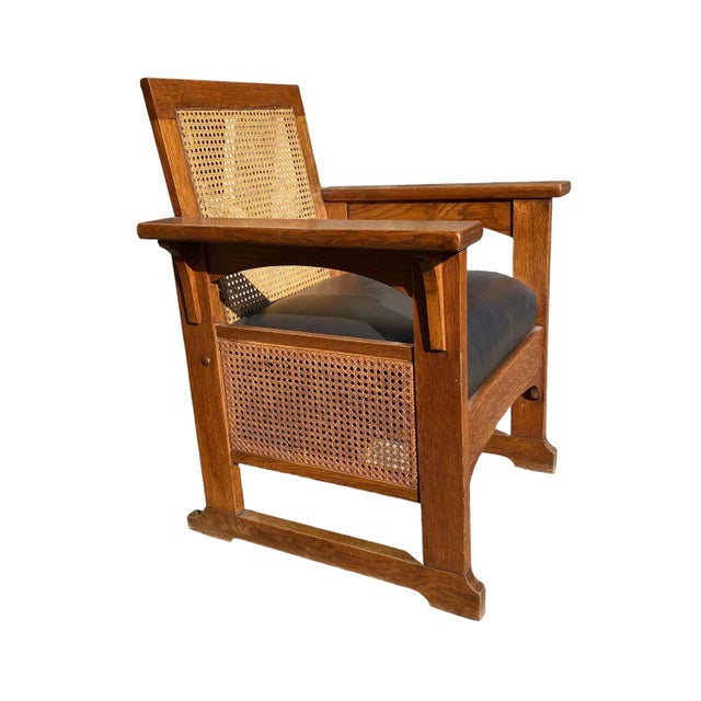 American Arts and Crafts Caned Oak and Leather Armchair and Rocker C. 1910 For Sale In New York - Image 6 of 7