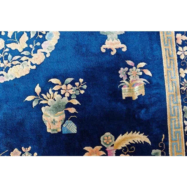 Navy Blue 1920s Navy Blue Floral Vase Antique Chinese Art Deco Rug 8' 9'' X 11' 6'' Wool Knotted Carpet For Sale - Image 8 of 12