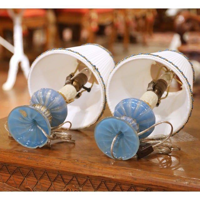 Blue Pair of Mid-Century Italian Murano Blue Art Glass Table Lamps With Custom Shades For Sale - Image 8 of 8