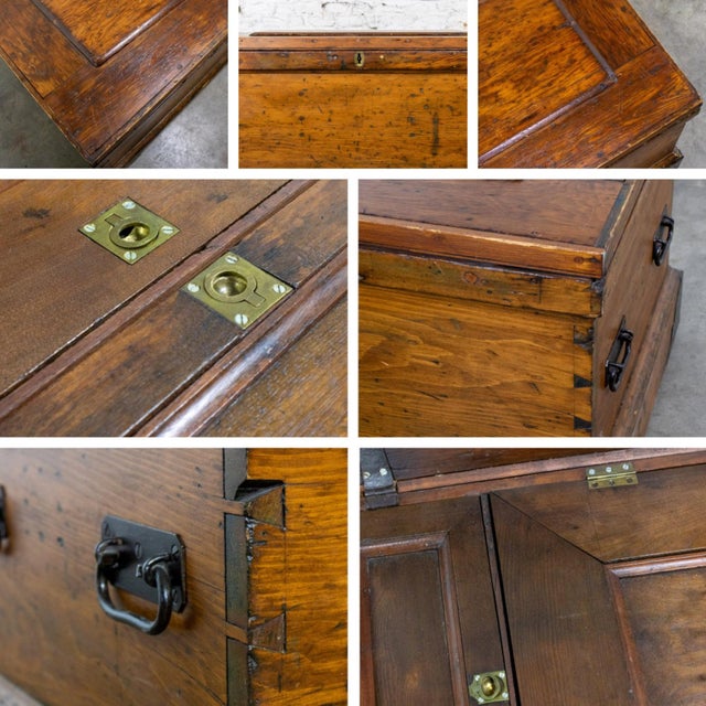 19th Century Antique Colonial Rustic Pine Carpenter’s Tool Chest Trunk or Coffee Table For Sale - Image 17 of 18