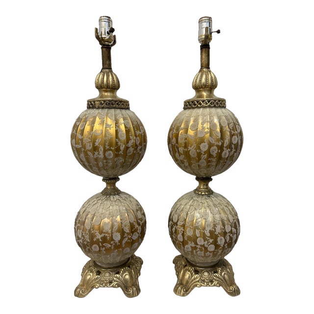 Vintage Glass/Brass Table Lamps - a Pair For Sale