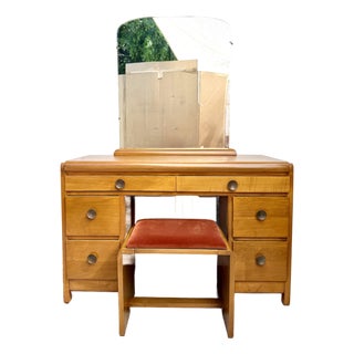 1940s John Stuart Blonde Wood 3-Piece Vanity, Mirror & Bentwood Stool For Sale