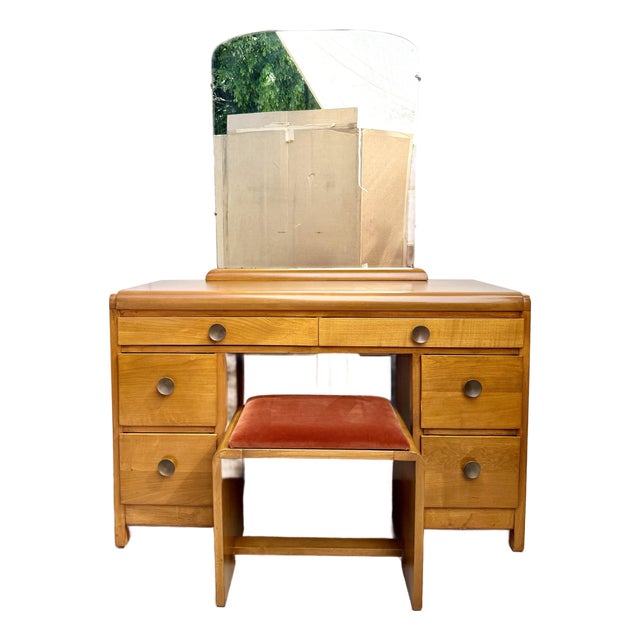 1940s John Stuart Blonde Wood 3-Piece Vanity, Mirror & Bentwood Stool For Sale