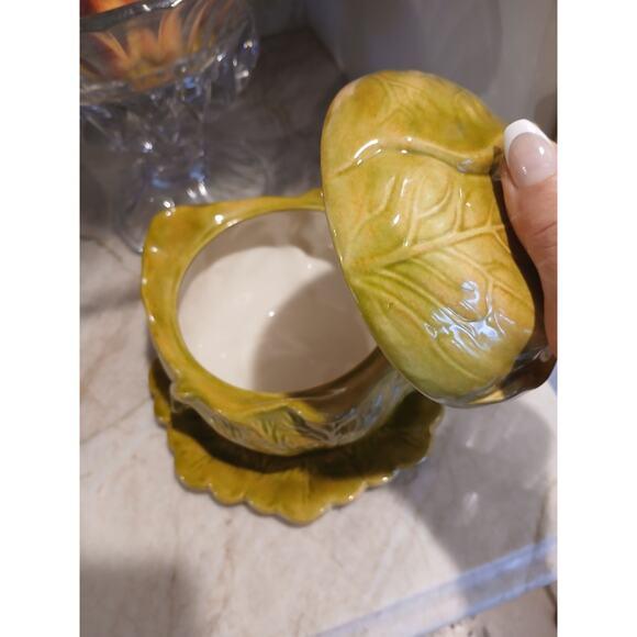 1960s 1960s Spring Cabbage Lettuce Turain Serving Bowl W Lid & Plate Green Ceramic Cottage Farm Easter For Sale - Image 5 of 15