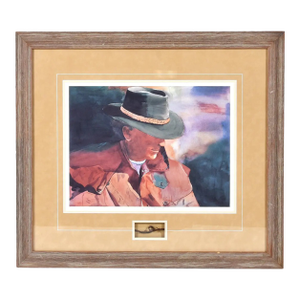 Western Cowboy Rancher Portrait With Barbed Wire Pencil Signed Lithograph