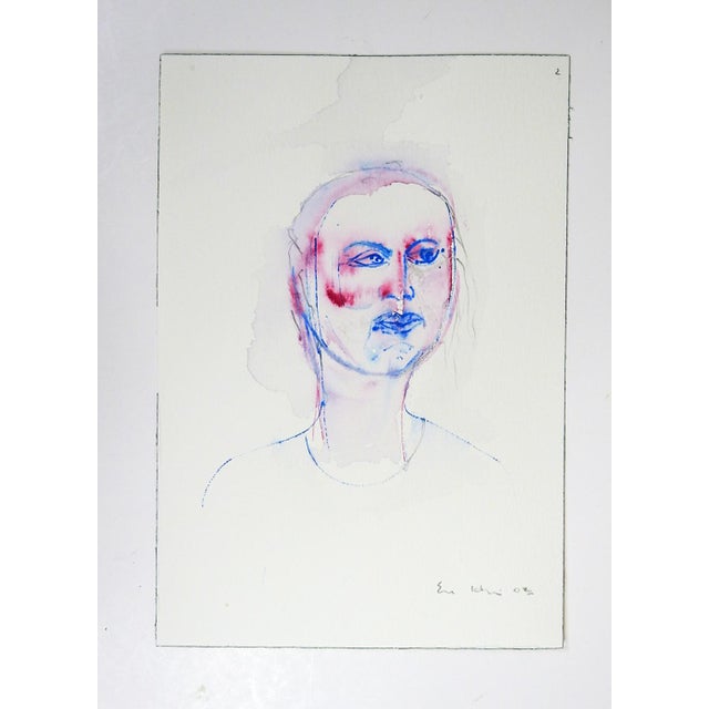 Contemporary Modernist 2002 Red Blue Ink Portrait Drawing For Sale - Image 3 of 3