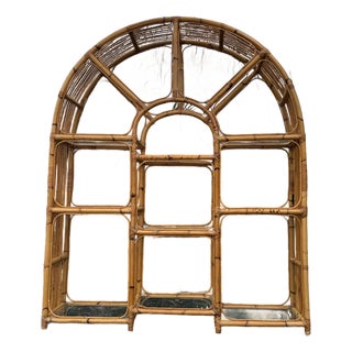 Vintage 1970s Arched Bamboo Étagère With Glass Shelves | Palm Beach Regency Coastal Bookcase For Sale