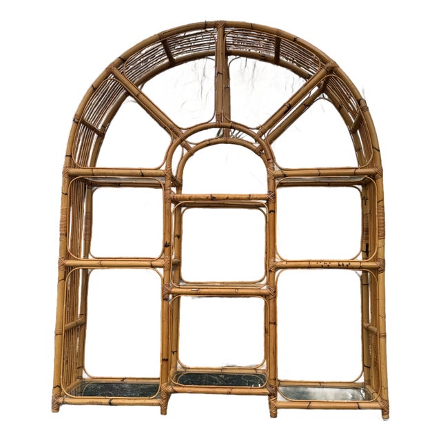 Vintage 1970s Arched Bamboo Étagère With Glass Shelves | Palm Beach Regency Coastal Bookcase For Sale