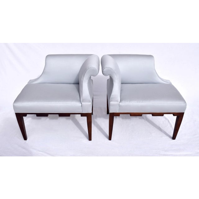 1990s Baker Furniture Castle Corner Chairs, Walnut, Upholstery, Modern Usa For Sale - Image 5 of 11