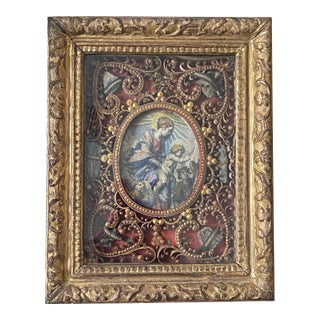 Early 18th Century French Convent Rolled Paper Reliquary Shadowbox — Madonna & Child Engraving, Paper Filigree, Original Gilt Frame For Sale