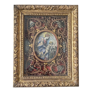 Early 18th Century French Convent Rolled Paper Reliquary Shadowbox — Madonna & Child Engraving, Paper Filigree, Original Gilt Frame
